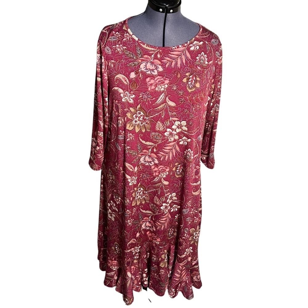 Womens Size 14 Swing Dress Burgundy Floral Paisley 3/4 Sleeve Ruffle Hem Stretch